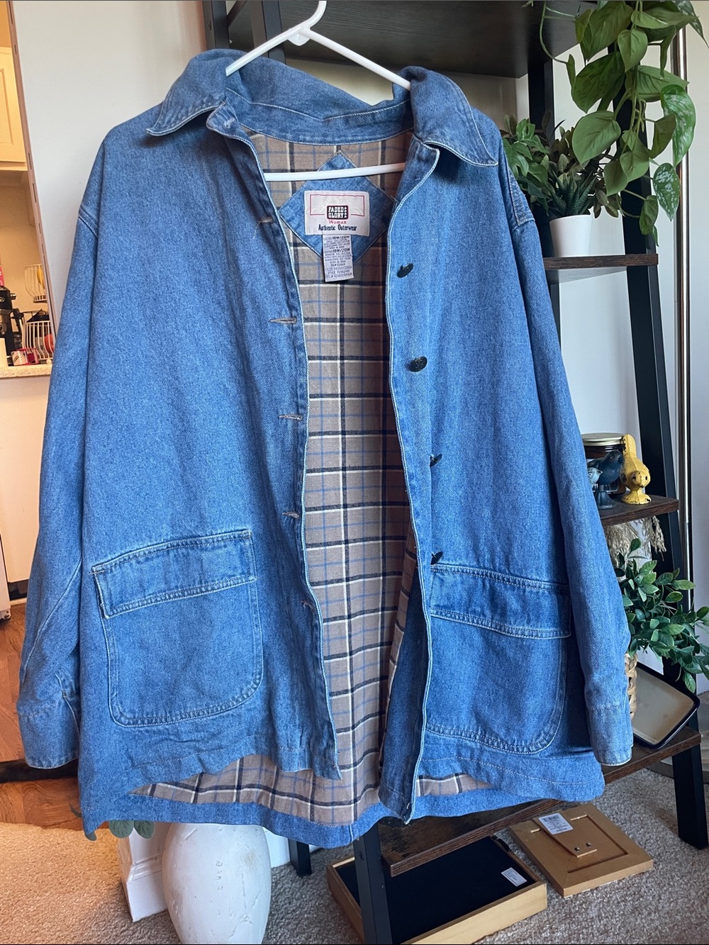 Faded Glory Blue Denim Chore Coat with Plaid Lining